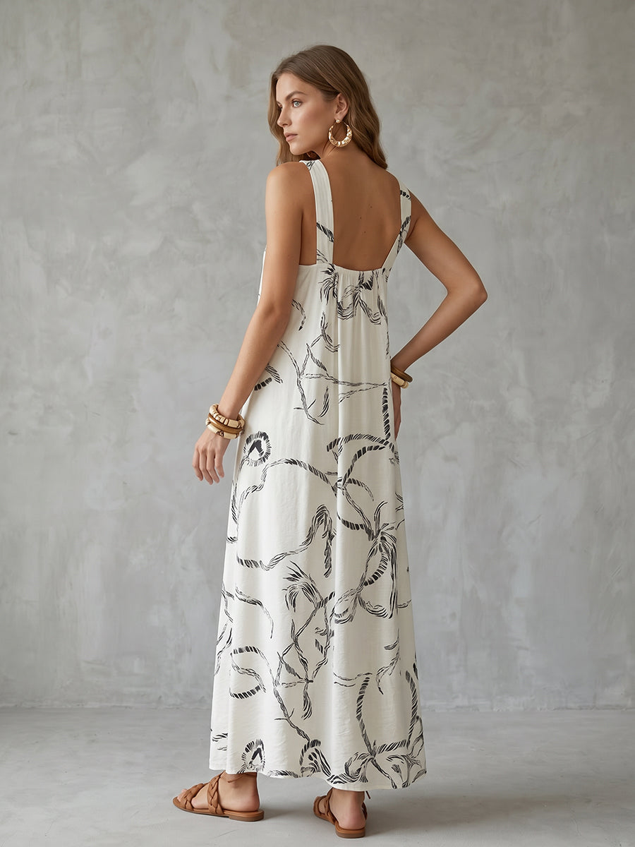 A-Line Loose Backless Contrast Color Drawstring Printed Spaghetti-Neck Midi Dresses
