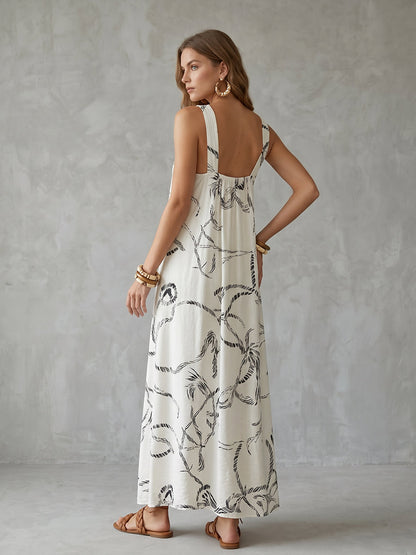 A-Line Loose Backless Contrast Color Drawstring Printed Spaghetti-Neck Midi Dresses