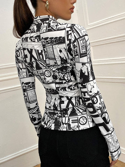 Long Sleeves Skinny Contrast Color Printed Mock Neck T-Shirts Tops