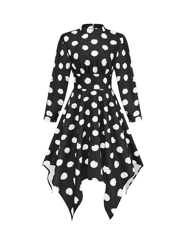 A-Line Long Sleeves Elasticity Hollow Polka-Dot Mock Neck Midi Dresses