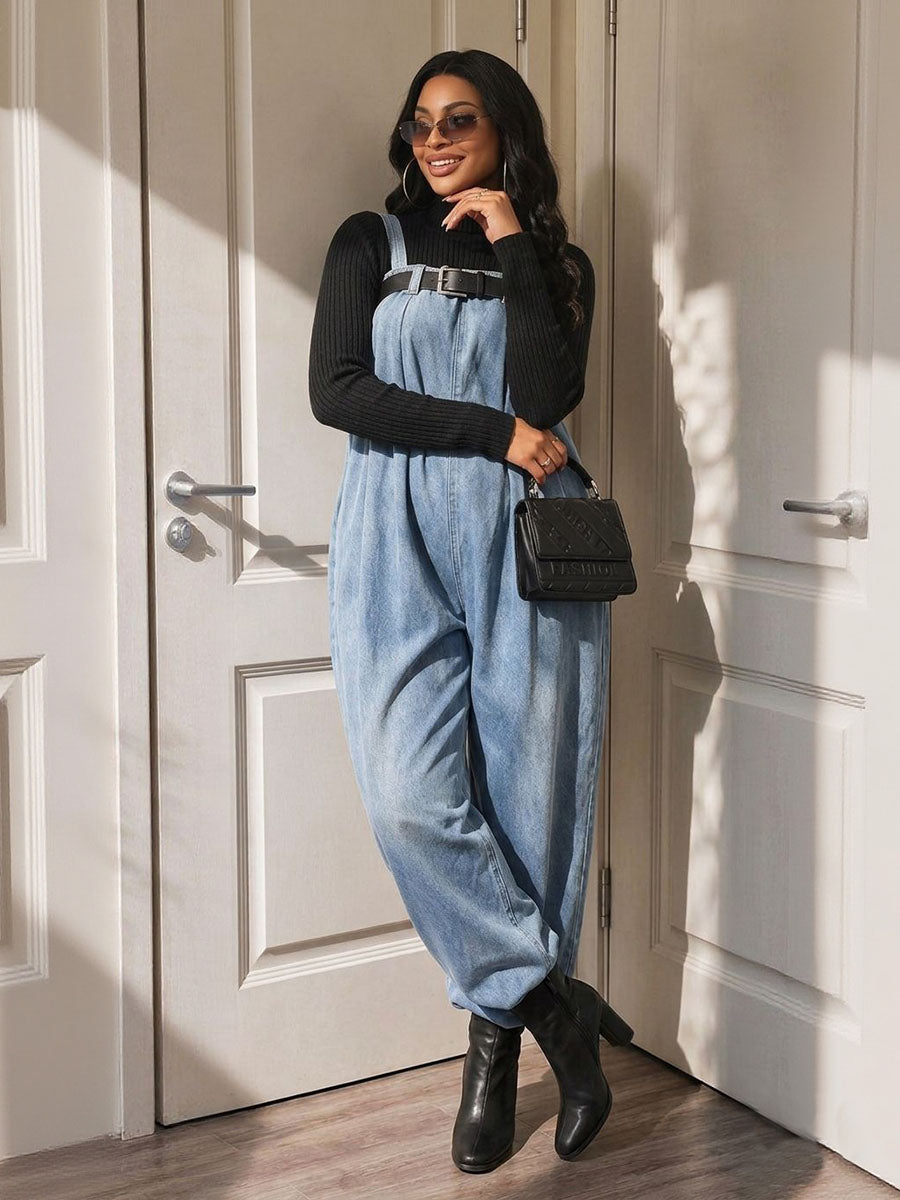 Solid Color Elasticity Belted Wide Leg Sleeveless Spaghetti-Neck Overalls