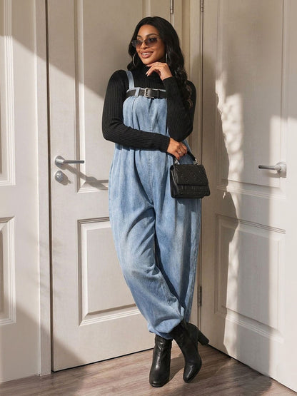 Solid Color Elasticity Belted Wide Leg Sleeveless Spaghetti-Neck Overalls