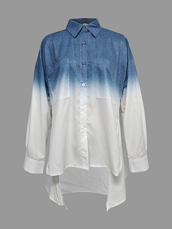 High-Low Loose Gradient Printed Split-Joint Split-Side Lapel Blouses&Shirts Tops