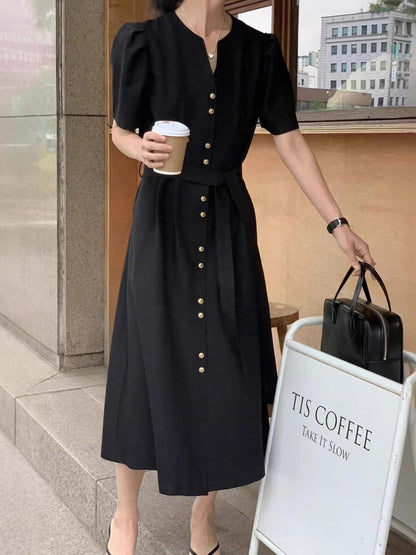 A-Line Loose Buttoned Solid Color Split-Joint Tied Waist V-Neck Midi Dresses