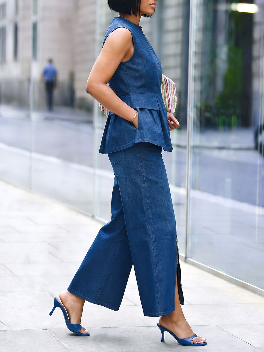 Zipper Solid Color Pockets Wide Leg Cropped Jean Pants Bottoms