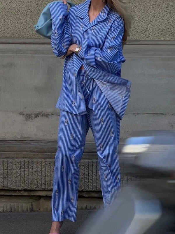 Long Sleeves Buttoned Cartoon Printed Contrast Color Striped Lapel Blouses Tops + Tied Waist High Waisted Pants Bottom Two Pieces Set