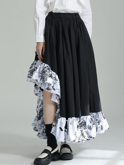 High Waisted Loose Asymmetric Elasticity Pleated Printed Ruffled Split-Joint Skirts Bottoms