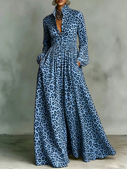 A-Line Long Sleeves Buttoned Contrast Color Leopard Pleated Pockets Lapel Maxi Dresses