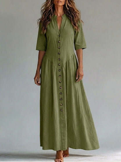 Half Sleeves Puff Sleeves Buttoned Pleated Solid Color Split-Joint Deep V-Neck Maxi Dresses