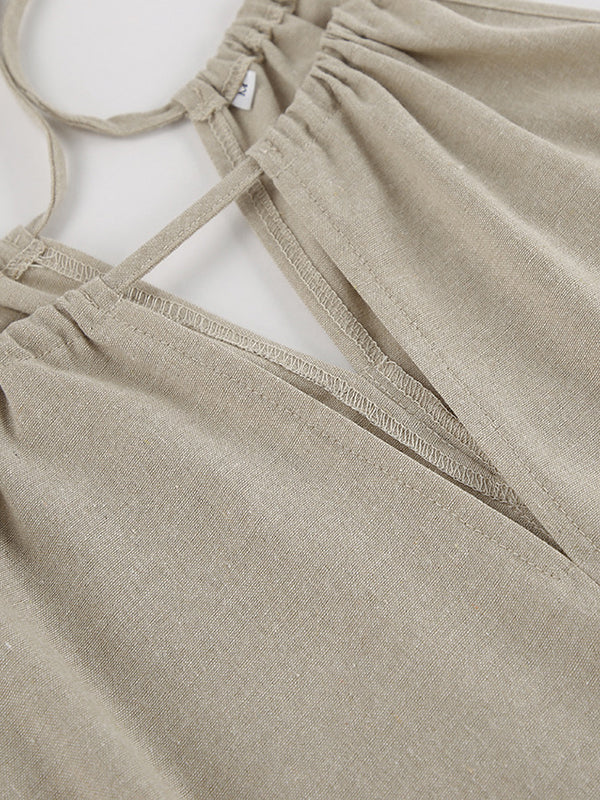 Loose Hollow Split-Joint Halter-Neck Vest + Elasticity High Waisted Pants Trousers Two Pieces Set