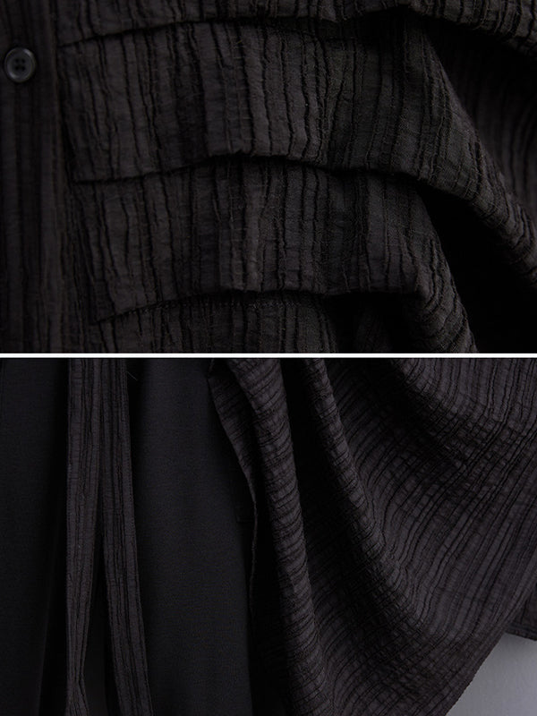 Long Sleeves Loose Pleated Solid Color Lapel Blouses&Shirts Tops