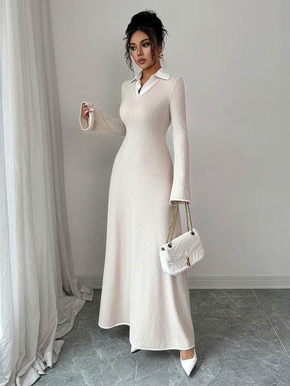 Bodycon False Two Ribbed Knit Split-Joint Lapel Maxi Dresses Sweater Dresses