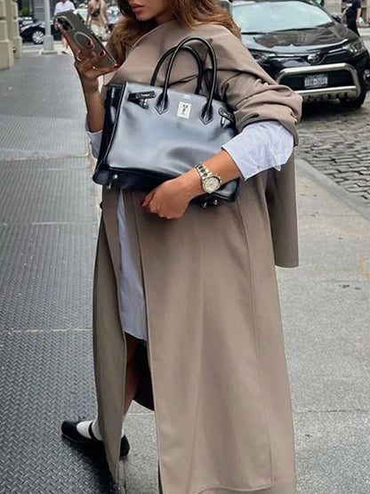 Long Sleeves Loose Buttoned Pockets Solid Color Split-Joint Notched Collar Outerwear Trench Coats