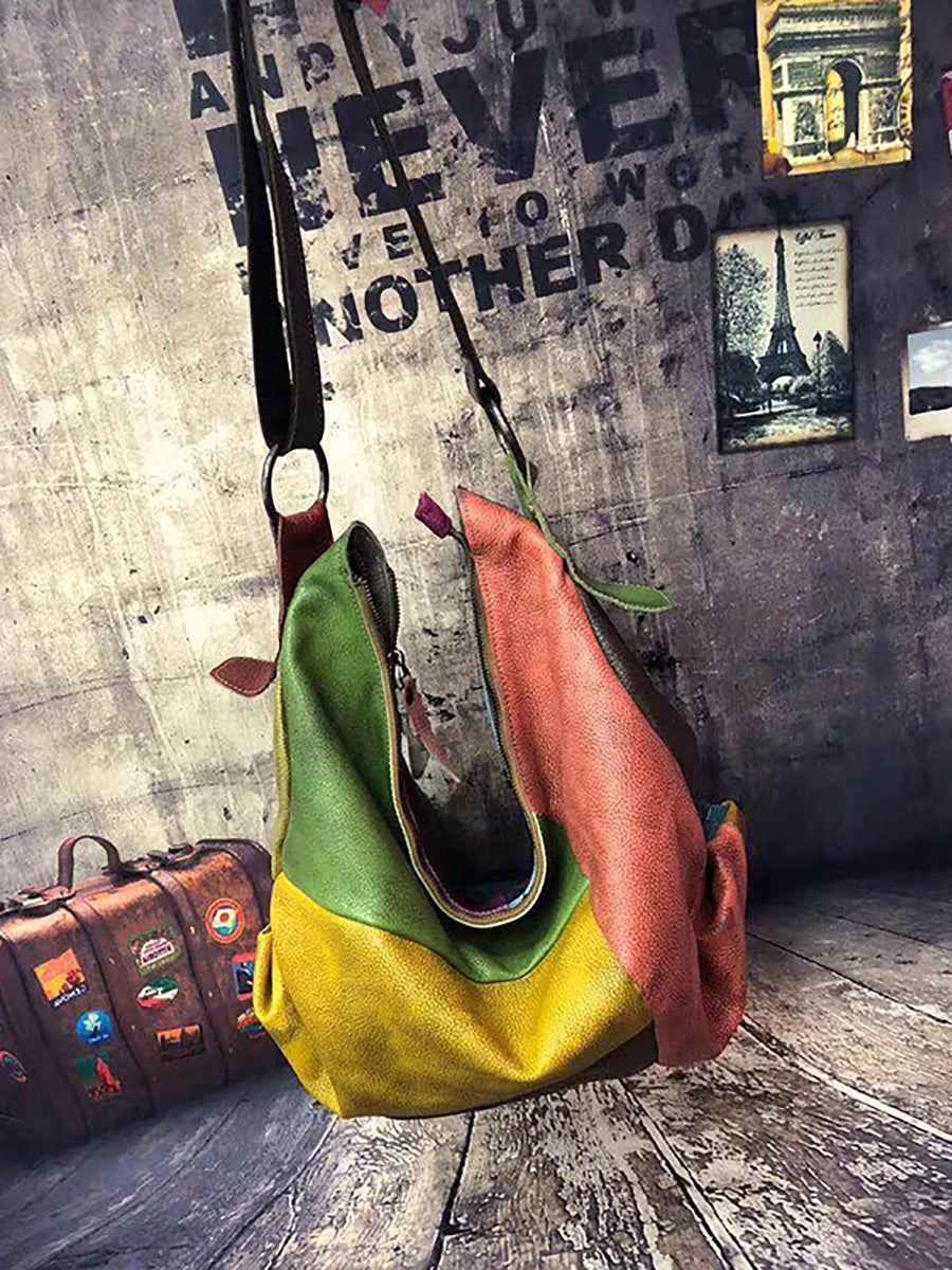 Buykud - Retro Contrast Color Leather Crossbody Bag