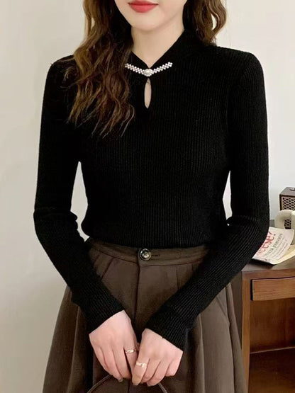 Long Sleeves Skinny Hollow Solid Color Mock Neck Pullovers Sweater Tops