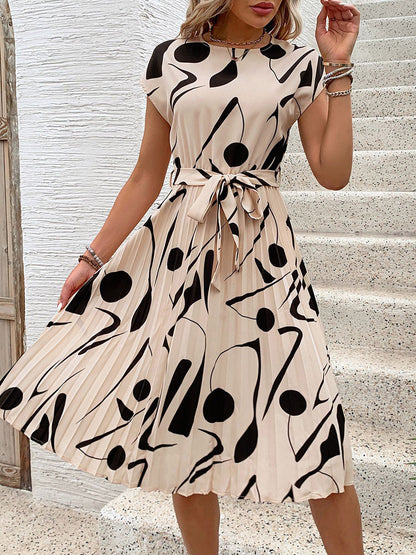 High Waisted Sleeveless Abstract Printed Contrast Color Pleated Polka-Dot Split-Joint Tied Waist Round-Neck Midi Dresses