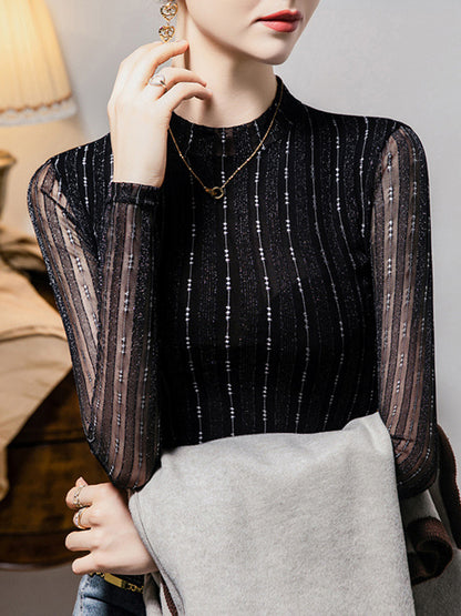 Long Sleeves Plus Size See-Through Striped Mock Neck T-Shirts Tops
