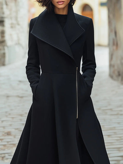 A-Line Long Sleeves Buttoned Pockets Solid Color Zipper Lapel Woolen Coat