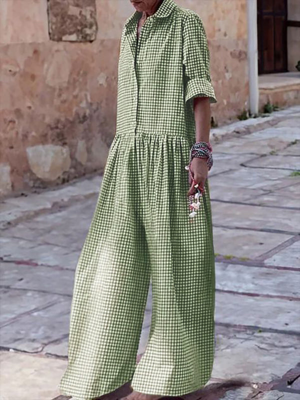 Long Sleeves Loose Buttoned Plaid Pleated Split-Joint Lapel Jumpsuits
