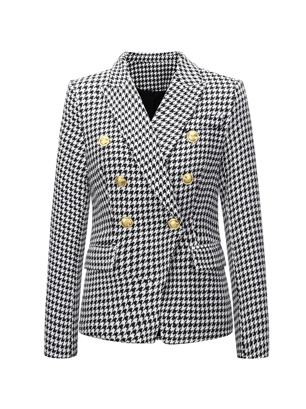 Long Sleeves Buttoned Houndstooth Notched Collar Blazer Outerwear