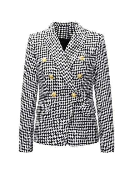 Long Sleeves Buttoned Houndstooth Notched Collar Blazer Outerwear