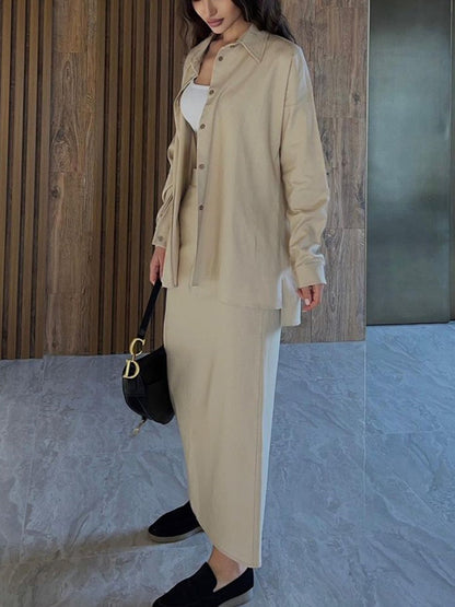 Solid Color High-Low Long Sleeves Buttoned Split-Side Lapel Shirts Top   Skirts Bottom Two Pieces Set