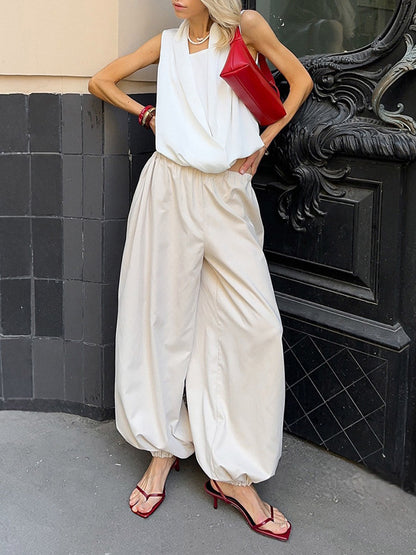 Elasticated Waist High Waisted Drawstring Pleated Solid Color Ankle-Tied Pants