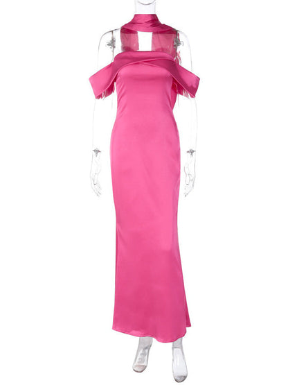 Sleeveless Solid Color Zipper Off-the-shoulder Maxi Dresses