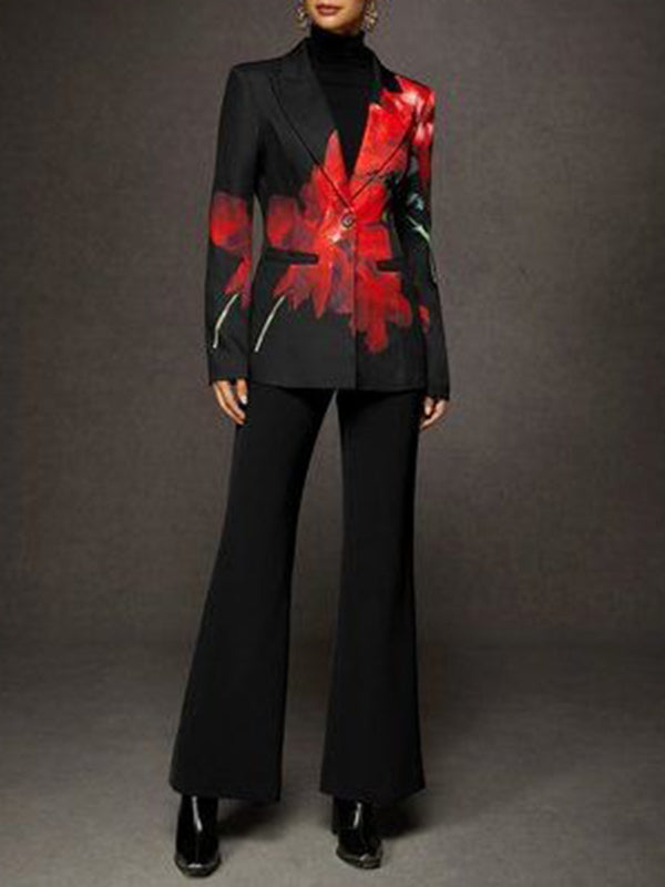 Long Sleeves Loose Asymmetric Floral Printed Split-Joint Lapel Blazer Suit Outerwear
