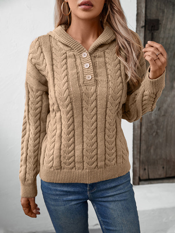 Hooded Long Sleeves Buttoned Solid Color Split-Joint Sweater Tops