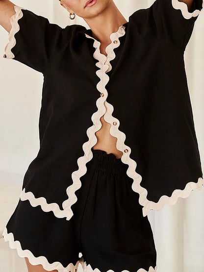 Loose Contrast Color Shirts Tops & Shorts Two Pieces Set