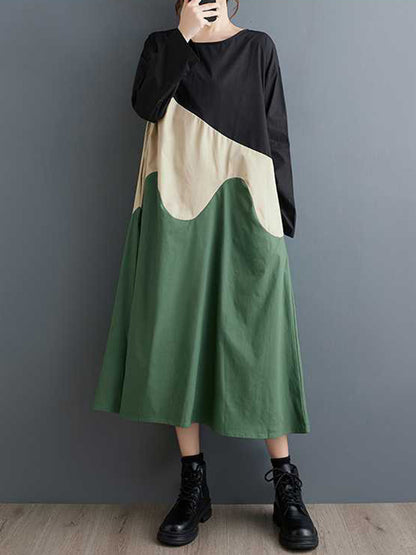 A-Line Long Sleeves Contrast Color Round-Neck Midi Dresses