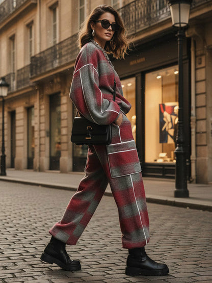 Loose Wide Leg Contrast Color Line Pockets Split-Joint Striped Pants