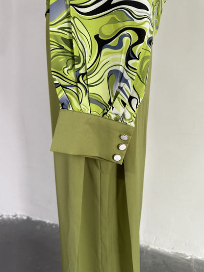 Long Sleeves Printed Heaps Collar Shirts Top + High Waisted Pants Bottom Two Pieces Set