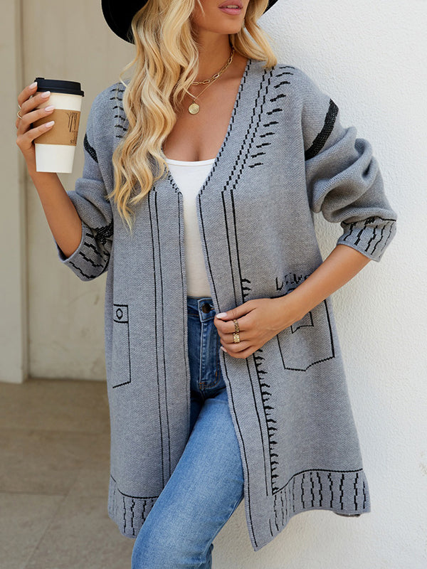 Long Sleeves Loose Jacquard Split-Joint V-Neck Cardigan Tops