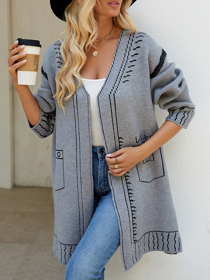 Long Sleeves Loose Jacquard Split-Joint V-Neck Cardigan Tops