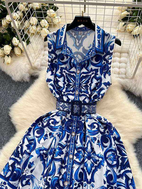 Sleeveless Belt Buckle Buttoned Contrast Color Floral Printed Midi Dresses