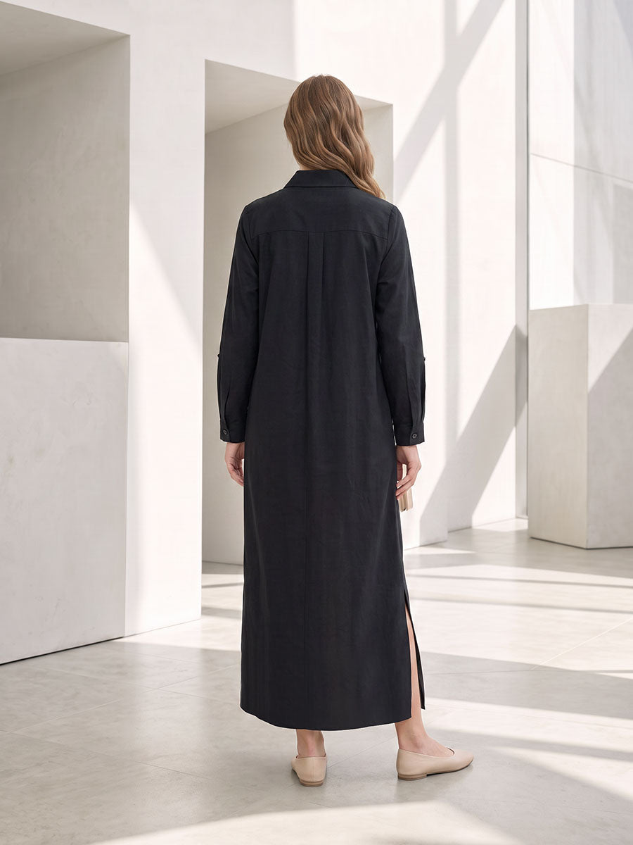 Split-side Split-Joint Pockets Contrast Color Buttoned Asymmetric Loose Long Sleeves Lapel Shirt Dress Maxi Dresses