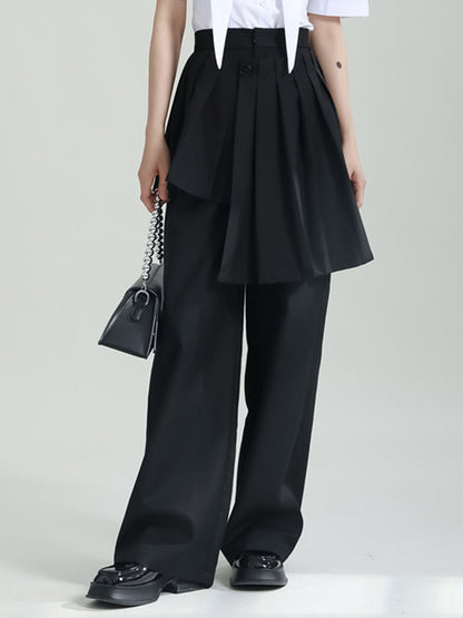 False Two High Waisted Asymmetric Pleated Solid Color Suit Pants