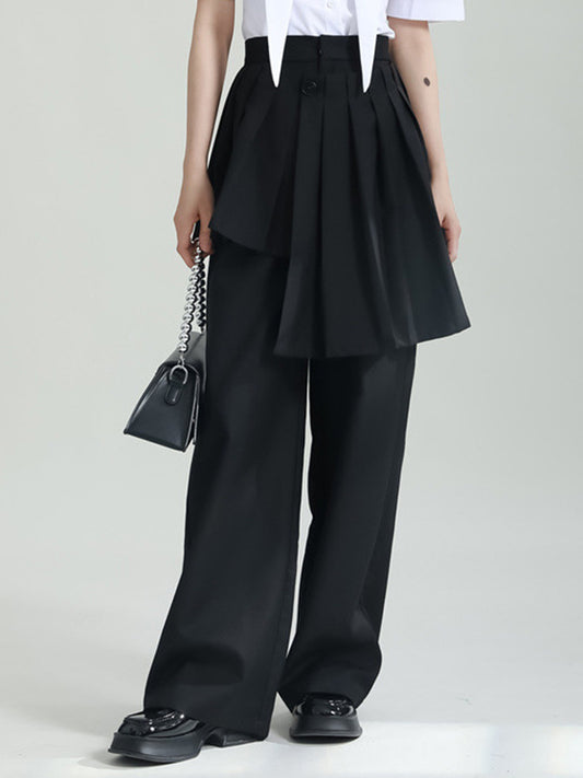 False Two High Waisted Asymmetric Pleated Solid Color Suit Pants