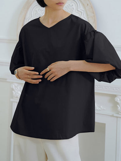 Half Sleeves Loose Solid Color V-Neck Blouses&Shirts Tops