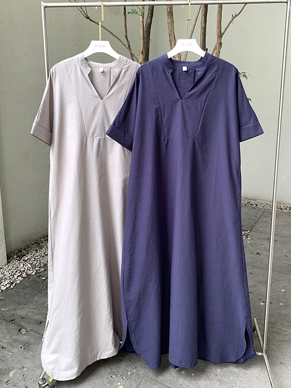 Loose Short Sleeves Solid Color V-Neck Maxi Dresses
