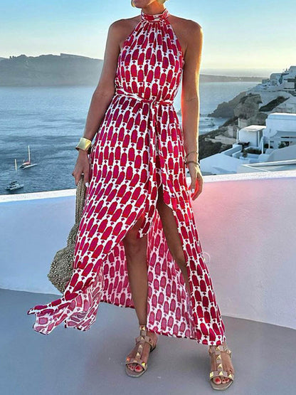 High Waisted Sleeveless Contrast Color Printed Split-Joint Split-Side Tied Waist Halter-Neck Maxi Dresses