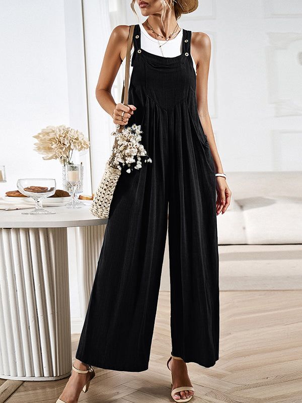 Loose Sleeveless Pleated Pockets Split-Joint Spaghetti-Neck Overalls