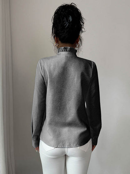 Long Sleeves Skinny Buttoned Ruffled Split-Joint Striped Stand Collar Blouses&Shirts Tops