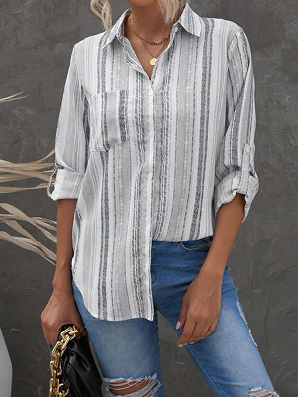 High-Low Long Sleeves Buttoned Pockets Striped Lapel Blouses&Shirts Tops