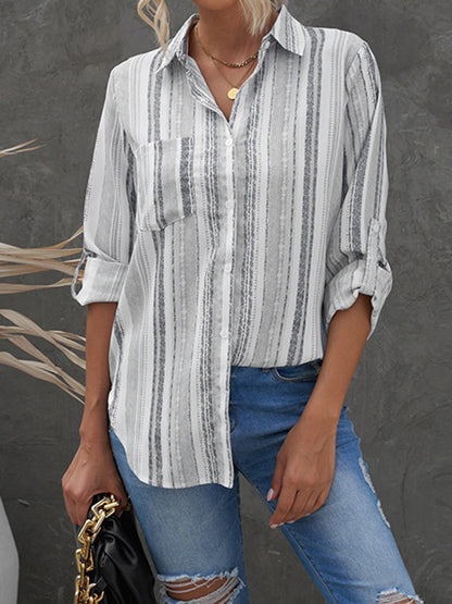 High-Low Long Sleeves Buttoned Pockets Striped Lapel Blouses&Shirts Tops