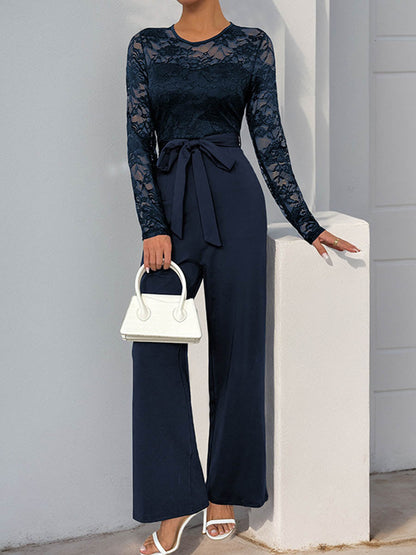 Column High Waisted See-Through Solid Color Split-Joint Tied Waist Round-Neck Jumpsuits
