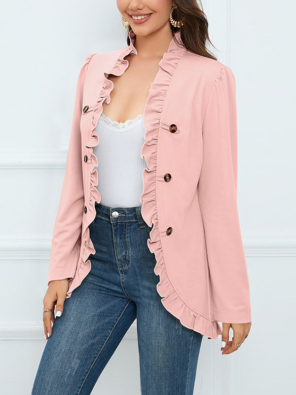 Long Sleeves Loose Buttoned Ruffled Collarless Outerwear