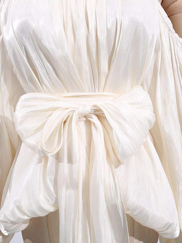 Long Sleeves Loose Pleated Solid Color Tied Halter-Neck Blouses&Shirts Tops